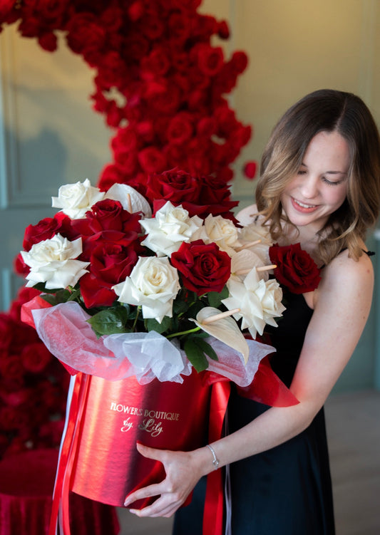 Unique arrangement with red&white roses, and gorgeous anthurium