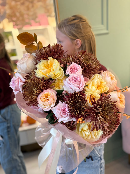 Mums & garden roses, greens "Medium Size"