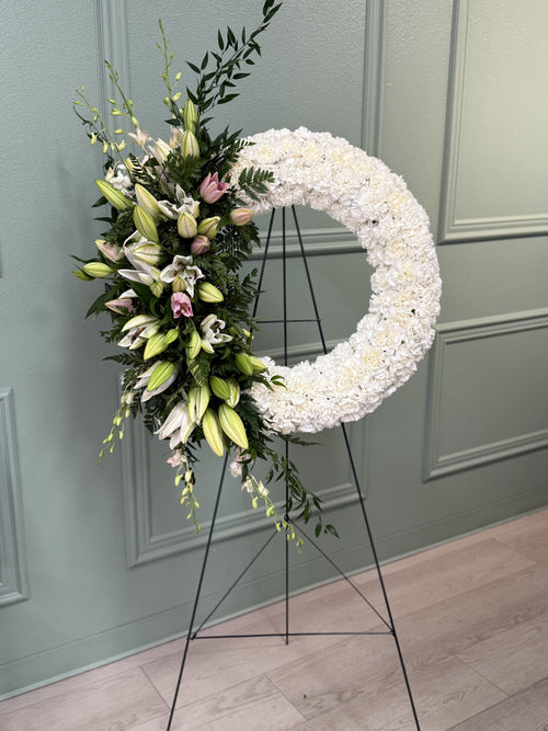 White Lily Standing Wreath (24” diameter)