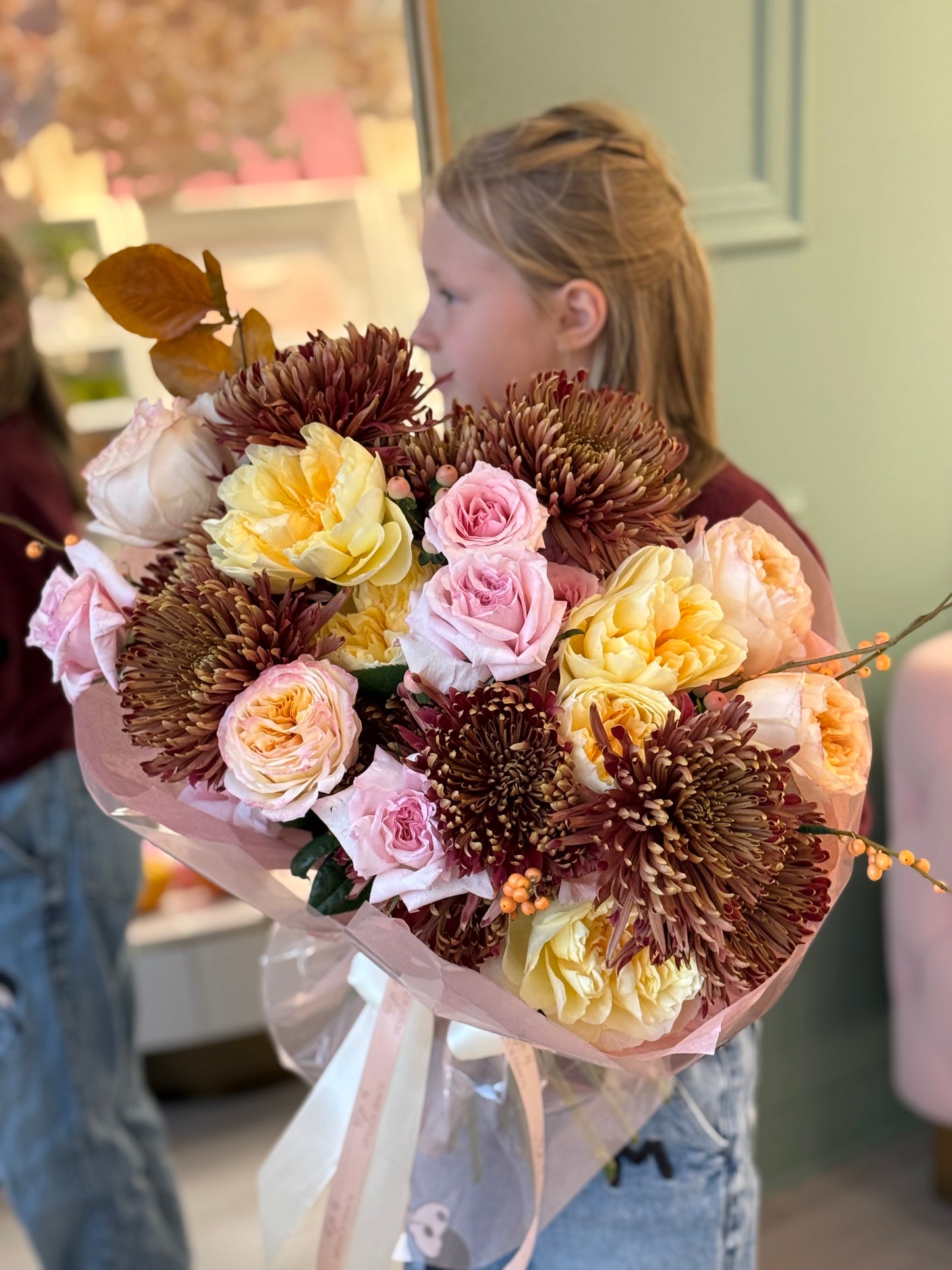 Mums & garden roses, greens "Medium Size"