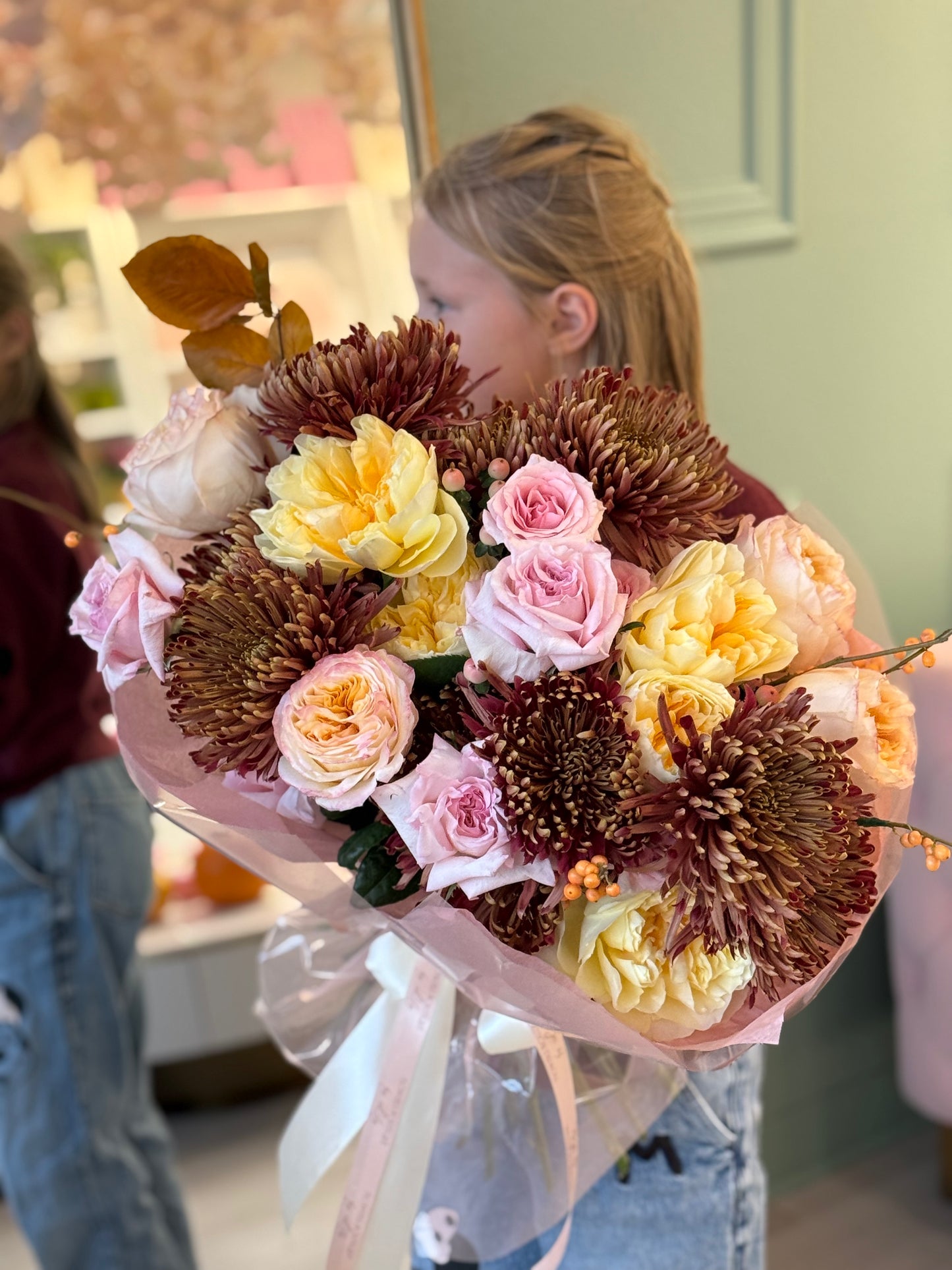 Mums & garden roses, greens "Medium Size"