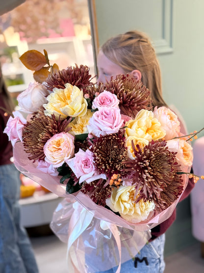 Mums & garden roses, greens "Medium Size"