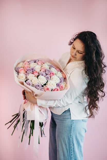 Sunny bouquet of roses mixed colors