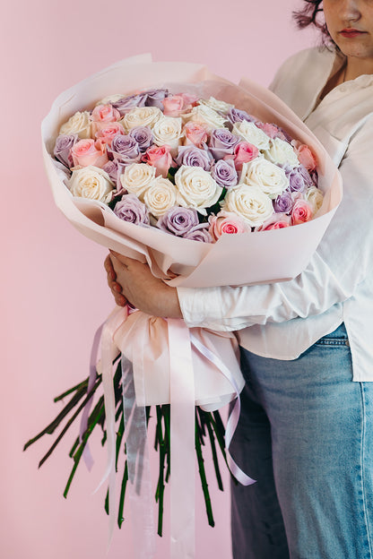 Sunny bouquet of roses mixed colors