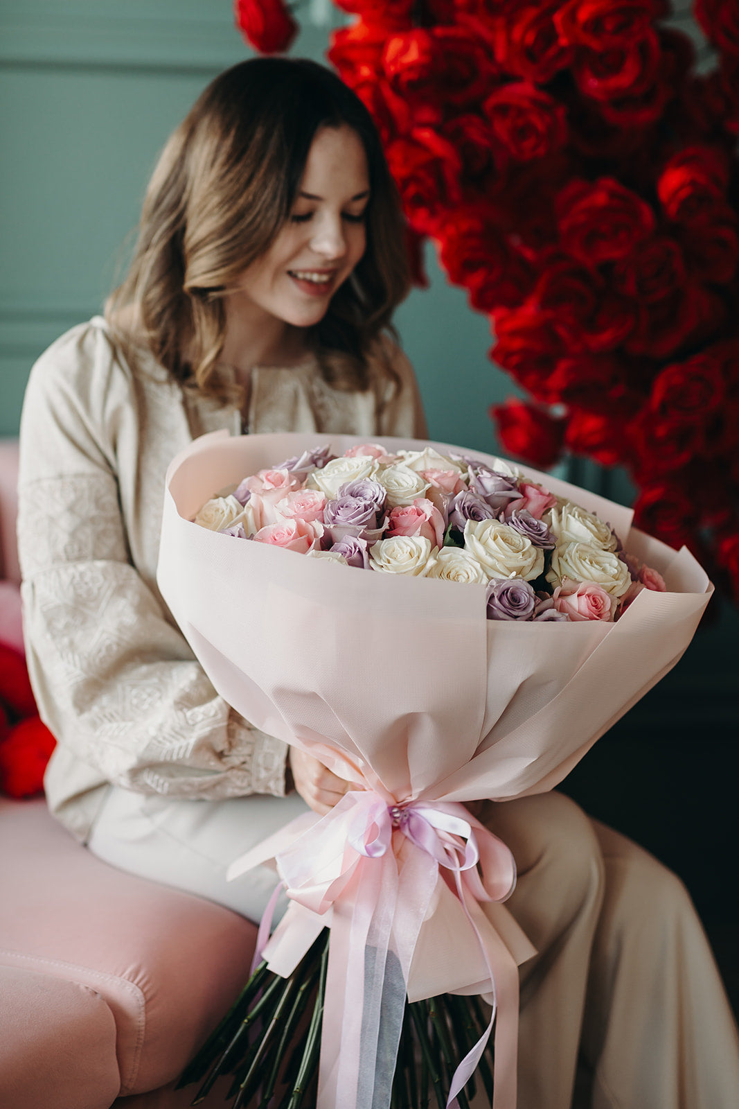 Sunny bouquet of roses mixed colors
